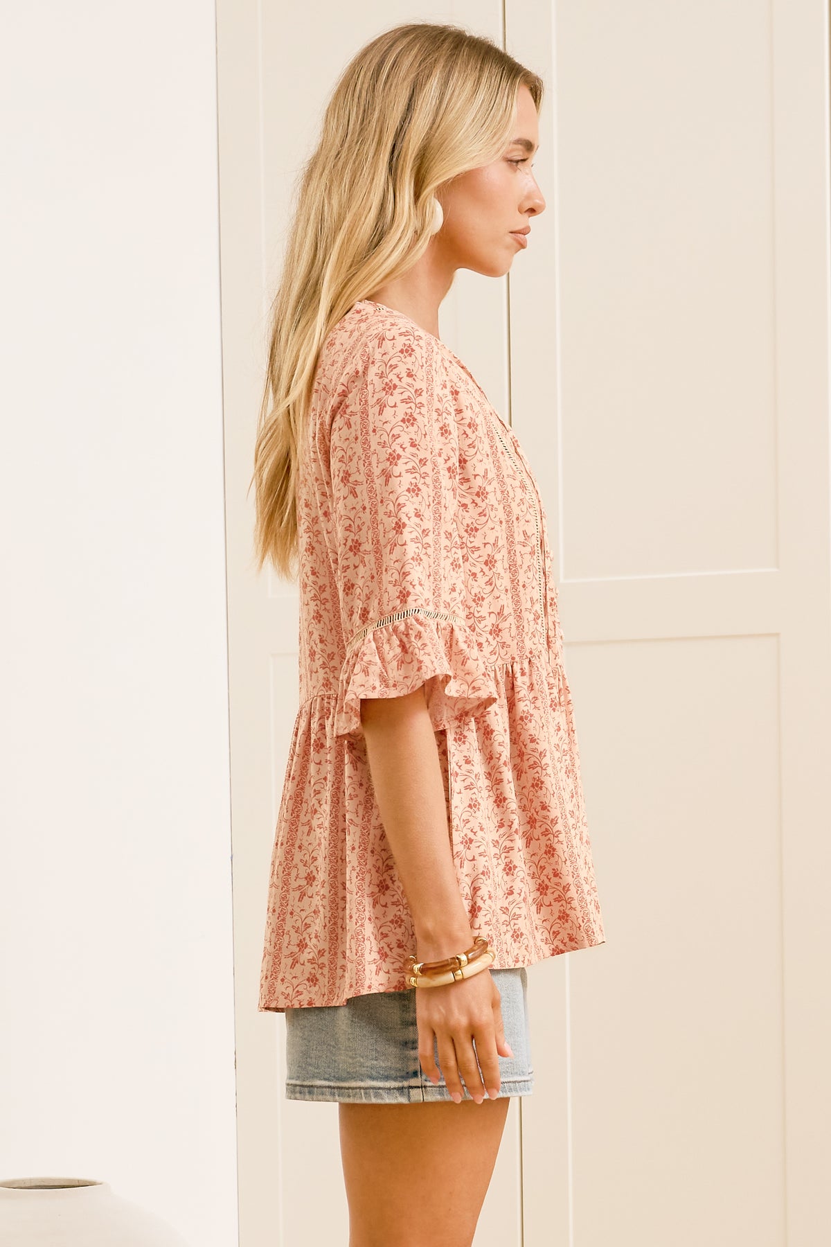 Dustin Top - Tie Neck Button Bodice Peplum Top with Frill Cuff 3/4 Sleeves in Lian Print
