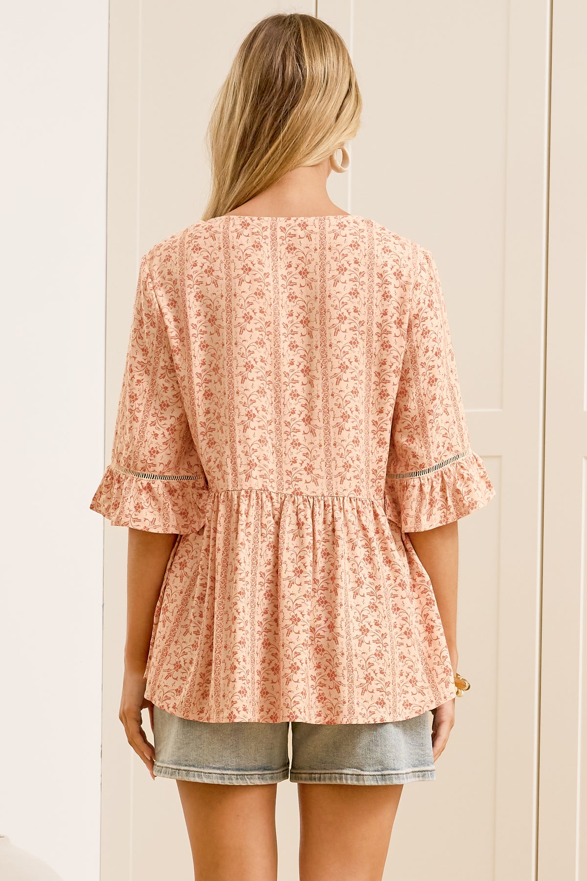 Dustin Top - Tie Neck Button Bodice Peplum Top with Frill Cuff 3/4 Sleeves in Lian Print