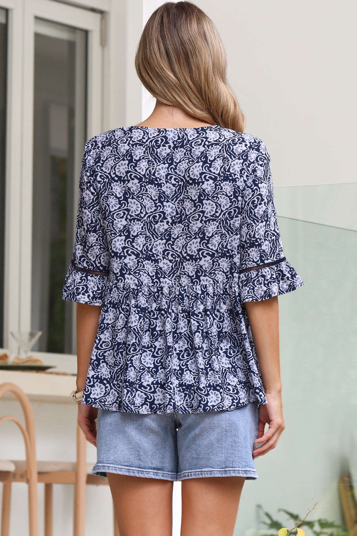 Dustin Top - Tie Neck Button Bodice Peplum Top with Frill Cuff 3/4 Sleeves in Micah Print Blue