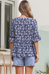 Dustin Top - Tie Neck Button Bodice Peplum Top with Frill Cuff 3/4 Sleeves in Micah Print Blue