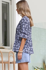 Dustin Top - Tie Neck Button Bodice Peplum Top with Frill Cuff 3/4 Sleeves in Micah Print Blue