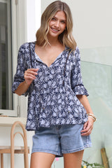 Dustin Top - Tie Neck Button Bodice Peplum Top with Frill Cuff 3/4 Sleeves in Micah Print Blue