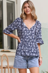 Dustin Top - Tie Neck Button Bodice Peplum Top with Frill Cuff 3/4 Sleeves in Micah Print Blue