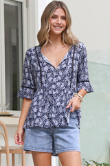 Dustin Top - Tie Neck Button Bodice Peplum Top with Frill Cuff 3/4 Sleeves in Micah Print Blue