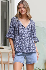 Dustin Top - Tie Neck Button Bodice Peplum Top with Frill Cuff 3/4 Sleeves in Micah Print Blue