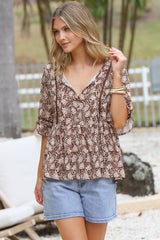 Dustin Top - Tie Neck Button Bodice Peplum Top with Frill Cuff 3/4 Sleeves in Micah Print Brown
