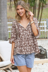Dustin Top - Tie Neck Button Bodice Peplum Top with Frill Cuff 3/4 Sleeves in Micah Print Brown