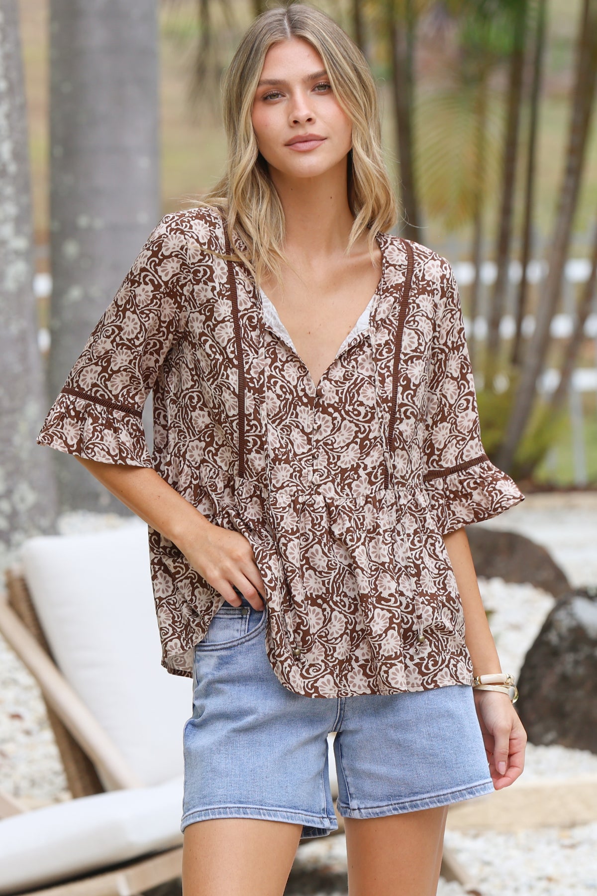 Dustin Top - Tie Neck Button Bodice Peplum Top with Frill Cuff 3/4 Sleeves in Micah Print Brown