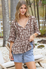 Dustin Top - Tie Neck Button Bodice Peplum Top with Frill Cuff 3/4 Sleeves in Micah Print Brown