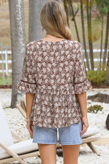 Dustin Top - Tie Neck Button Bodice Peplum Top with Frill Cuff 3/4 Sleeves in Micah Print Brown