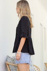 Dustin Top - Tie Neck Button Bodice Peplum Top with Frill Cuff 3/4 Sleeves in Spot Print Black