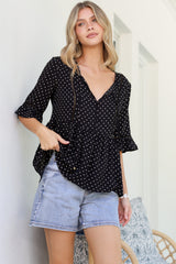 Dustin Top - Tie Neck Button Bodice Peplum Top with Frill Cuff 3/4 Sleeves in Spot Print Black