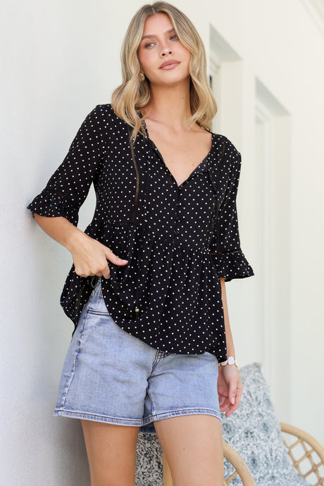 Dustin Top - Tie Neck Button Bodice Peplum Top with Frill Cuff 3/4 Sleeves in Spot Print Black