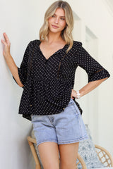 Dustin Top - Tie Neck Button Bodice Peplum Top with Frill Cuff 3/4 Sleeves in Spot Print Black