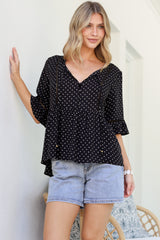 Dustin Top - Tie Neck Button Bodice Peplum Top with Frill Cuff 3/4 Sleeves in Spot Print Black