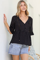 Dustin Top - Tie Neck Button Bodice Peplum Top with Frill Cuff 3/4 Sleeves in Spot Print Black
