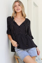 Dustin Top - Tie Neck Button Bodice Peplum Top with Frill Cuff 3/4 Sleeves in Spot Print Black