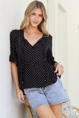 Dustin Top - Tie Neck Button Bodice Peplum Top with Frill Cuff 3/4 Sleeves in Spot Print Black