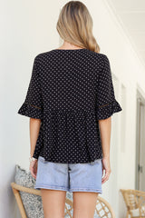 Dustin Top - Tie Neck Button Bodice Peplum Top with Frill Cuff 3/4 Sleeves in Spot Print Black