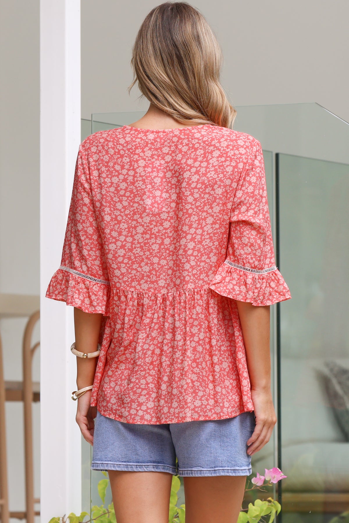 Dustin Top - Tie Neck Button Bodice Peplum Top with Frill Cuff 3/4 Sleeves in Venessa Print