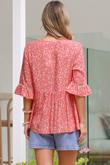 Dustin Top - Tie Neck Button Bodice Peplum Top with Frill Cuff 3/4 Sleeves in Venessa Print