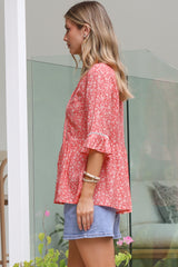 Dustin Top - Tie Neck Button Bodice Peplum Top with Frill Cuff 3/4 Sleeves in Venessa Print