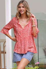 Dustin Top - Tie Neck Button Bodice Peplum Top with Frill Cuff 3/4 Sleeves in Venessa Print