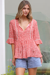 Dustin Top - Tie Neck Button Bodice Peplum Top with Frill Cuff 3/4 Sleeves in Venessa Print