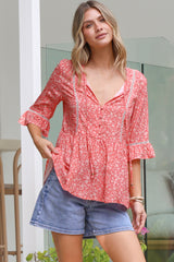 Dustin Top - Tie Neck Button Bodice Peplum Top with Frill Cuff 3/4 Sleeves in Venessa Print