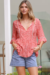 Dustin Top - Tie Neck Button Bodice Peplum Top with Frill Cuff 3/4 Sleeves in Venessa Print