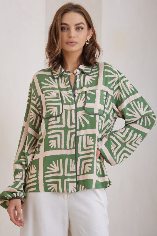 Dylan Shirt  - Long Sleeve Button Down with Piping Trim in Kadri Print