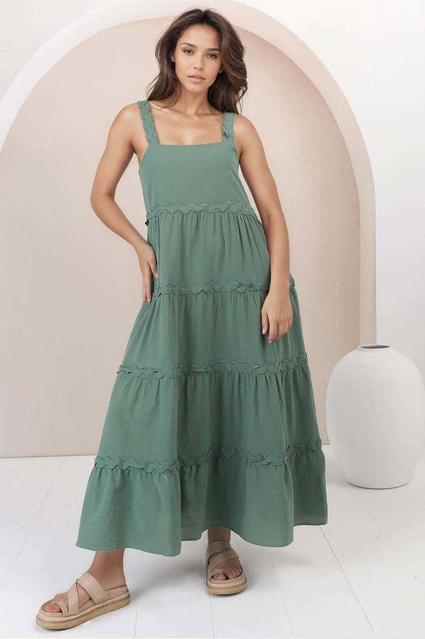 Bailie Maxi Dress - Rick Rack Detailed Sun Dress with Pockets in Green