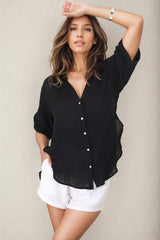 Shelly Shirt - Linen Collared Button Down Shirt in Black