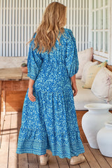 Ebony Maxi Dress - Boho Button Down Dress with Drawstring Waist in Letty Print