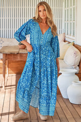 Ebony Maxi Dress - Boho Button Down Dress with Drawstring Waist in Letty Print