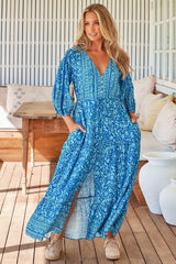 Ebony Maxi Dress - Boho Button Down Dress with Drawstring Waist in Letty Print