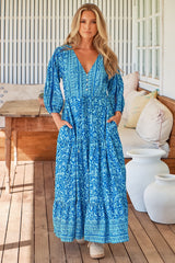 Ebony Maxi Dress - Boho Button Down Dress with Drawstring Waist in Letty Print