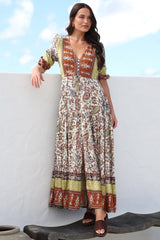 JAASE - Ebony Maxi Dress: V Neck Pull Tie Waist Dress with Front Split in Oakie Print