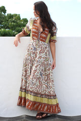 JAASE - Ebony Maxi Dress: V Neck Pull Tie Waist Dress with Front Split in Oakie Print