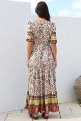 JAASE - Ebony Maxi Dress: V Neck Pull Tie Waist Dress with Front Split in Oakie Print