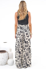Ebony Pants - High Waisted Wide leg Pants with Elasticated Waistband and Pockets in Noir Bloom Print