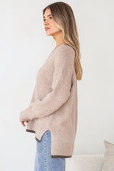 Edan Jumper - V-Neck Contrast Trim Step Hem Jumper in Brown