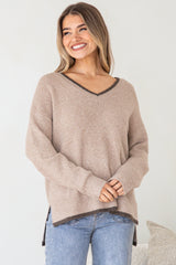 Edan Jumper - V-Neck Contrast Trim Step Hem Jumper in Brown
