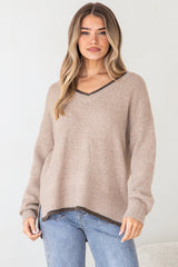 Edan Jumper - V-Neck Contrast Trim Step Hem Jumper in Brown