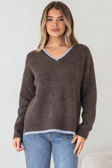 Edan Jumper - V-Neck Contrast Trim Step Hem Jumper in Chocolate