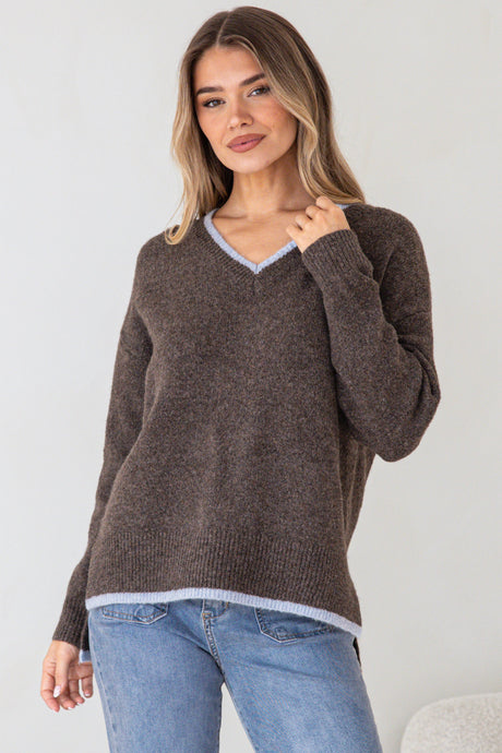 Model wearing Edan Jumper in Chocolate from Salty Crush