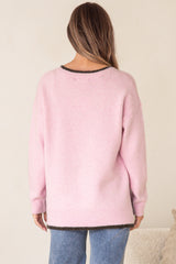 Edan Jumper - V-Neck Contrast Trim Step Hem Jumper in Pink