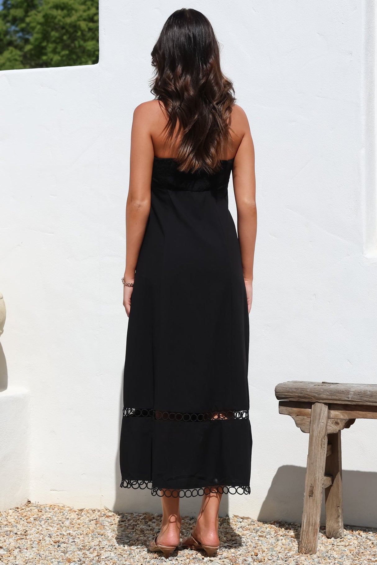 Edna Maxi Dress - Strapless A-Line Dress with Lace Insert and Trim in Black