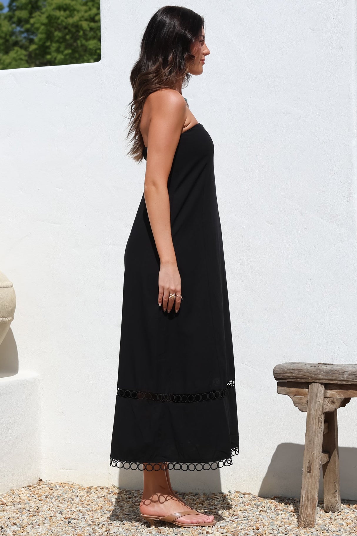 Edna Maxi Dress - Strapless A-Line Dress with Lace Insert and Trim in Black