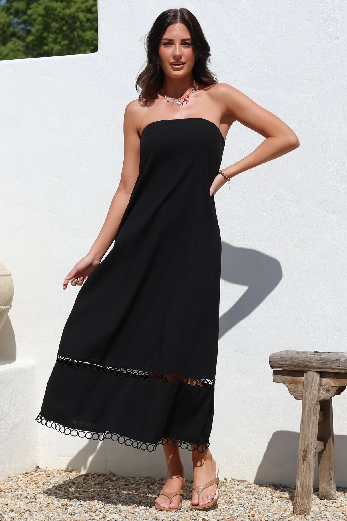 Edna Maxi Dress - Strapless A-Line Dress with Lace Insert and Trim in Black